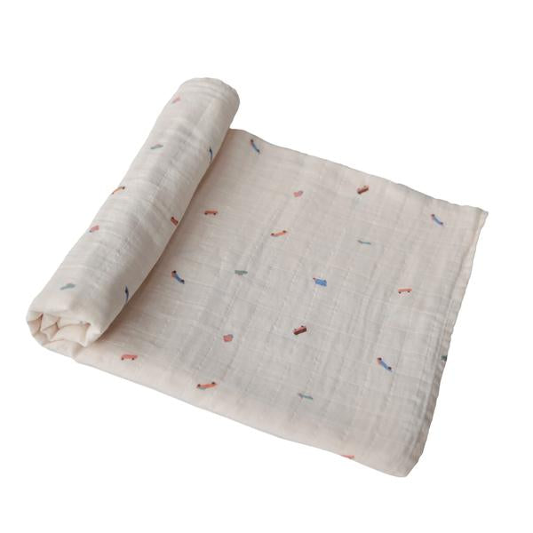 The Cloth Nappy Company Malta Mushie Muslin Swaddle Organic Cotton Retro Cars